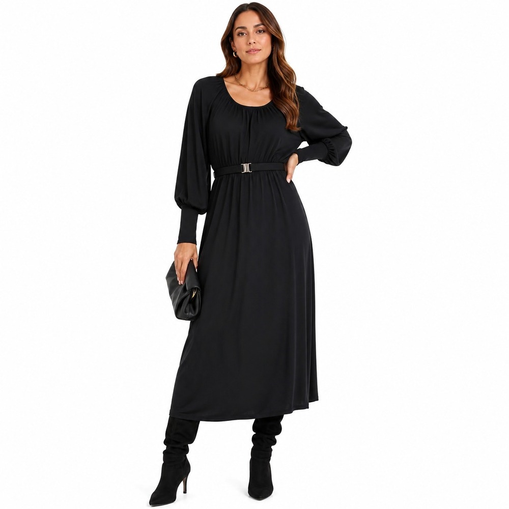 Tuckernuck Kendall Belted Maxi Dress Womens Medium Black Jersey Long Sleeve